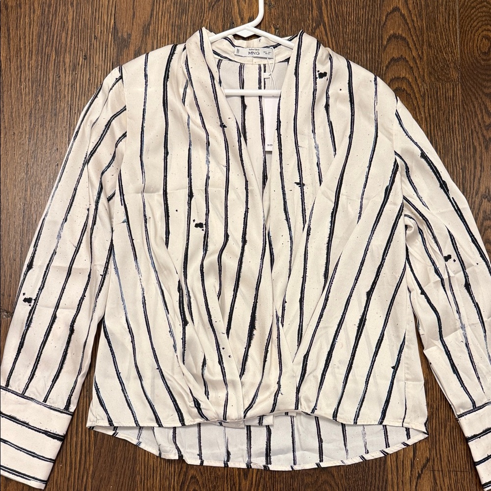 Mango White Blouse with navy Vertical Stripes